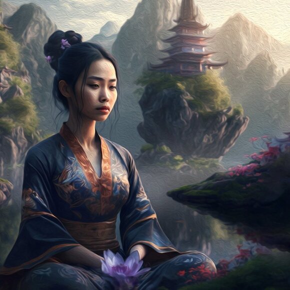 8x10 Woman Meditating Gorgeous‎ Landscape Fantasy Art Oil Painting Print - Picture 1 of 7